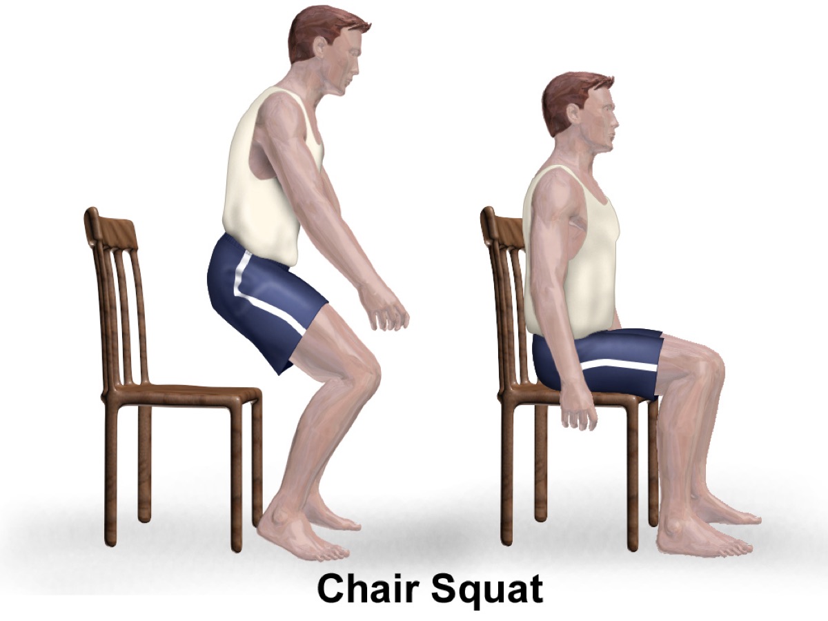 Illustration of a chair squat: standing in front of a chair and sitting back towards it